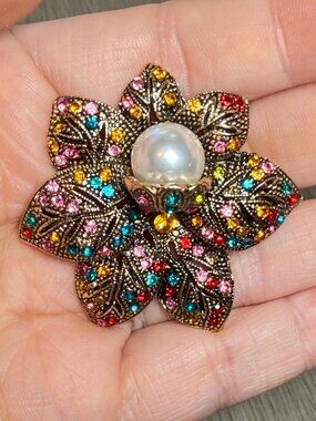 Flower Brooch Faux Pearl Rhinestone Floral Pin Multicolor Crystal Jewelry